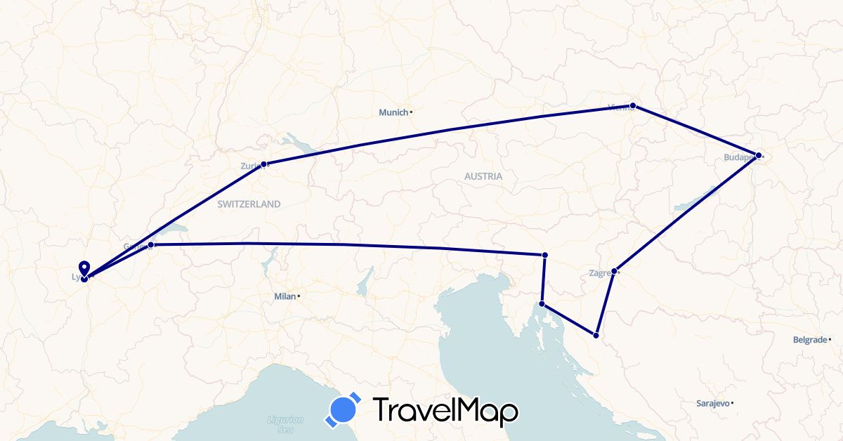 TravelMap itinerary: driving in Austria, Switzerland, France, Croatia, Hungary, Slovenia (Europe)